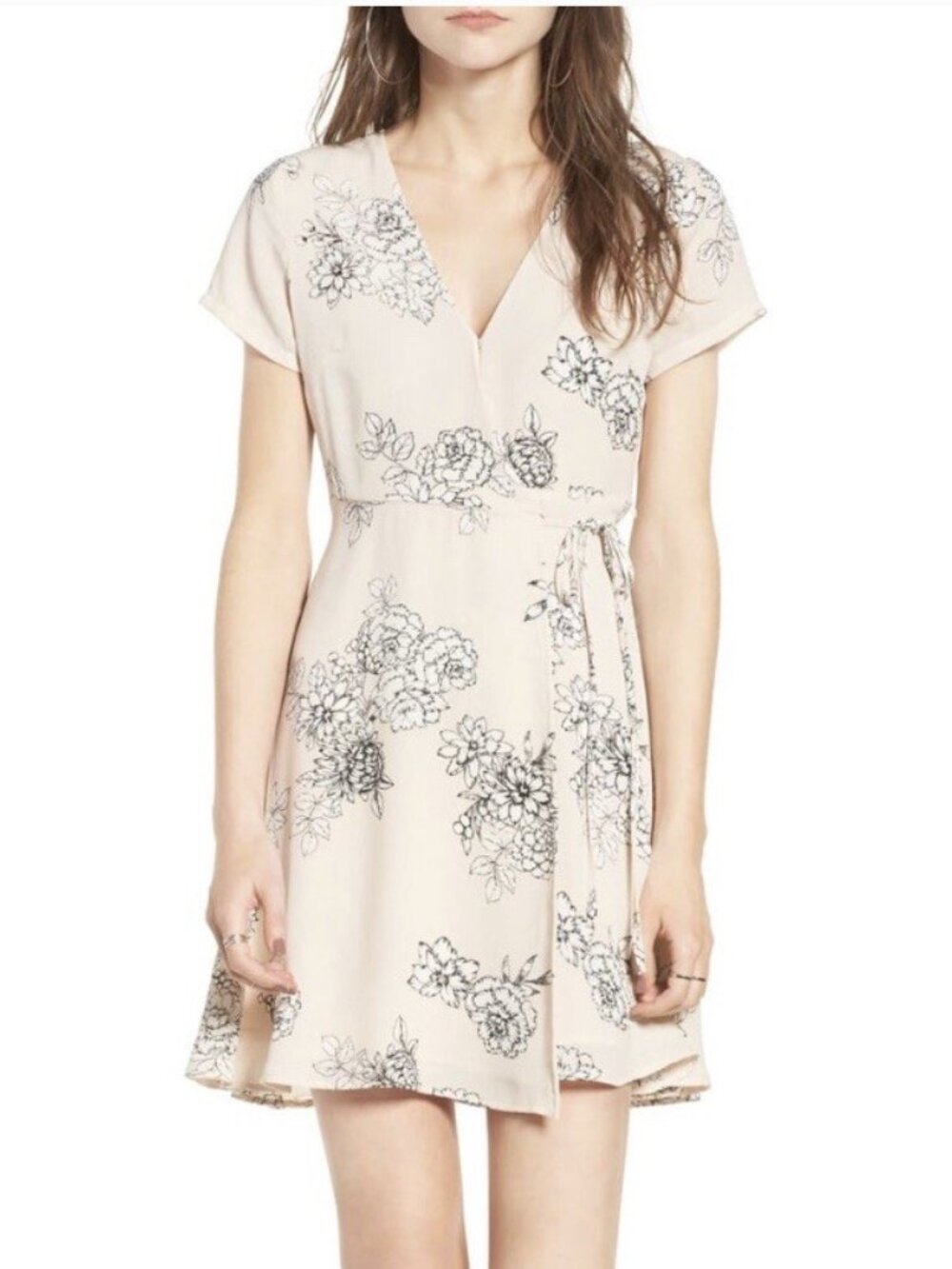 Lush Floral V-Neck Wrap Dress Blush Pink Cream Black Botanical Sketch Print S